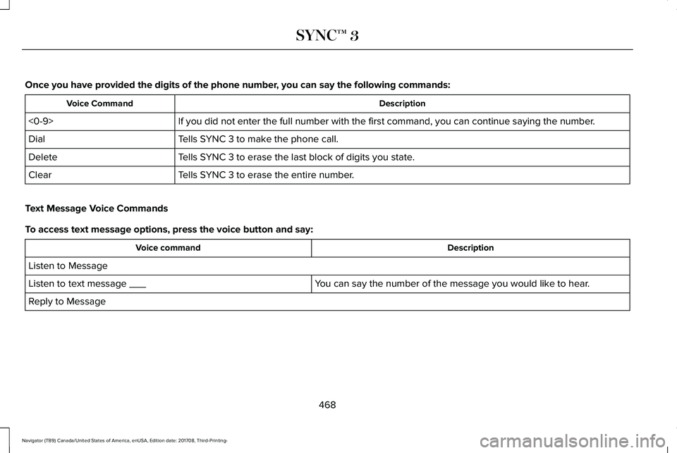 LINCOLN NAVIGATOR 2018 Owners Manual Once you have provided the digits of the phone number, you can say the following commands:
DescriptionVoice Command
If you did not enter the full number with the first command, you can continue saying LINCOLN NAVIGATOR 2018 Owners Manual Once you have provided the digits of the phone number, you can say the following commands:
DescriptionVoice Command
If you did not enter the full number with the first command, you can continue saying