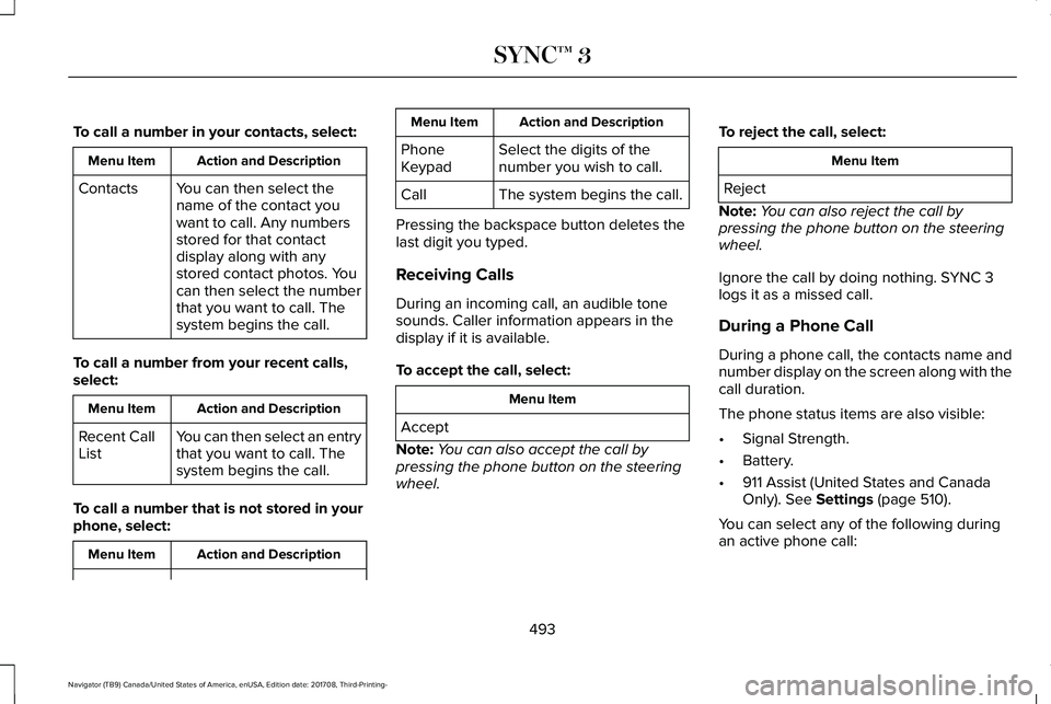 LINCOLN NAVIGATOR 2018 Owners Manual To call a number in your contacts, select:
Action and DescriptionMenu Item
You can then select thename of the contact youwant to call. Any numbersstored for that contactdisplay along with anystored co LINCOLN NAVIGATOR 2018 Owners Manual To call a number in your contacts, select:
Action and DescriptionMenu Item
You can then select thename of the contact youwant to call. Any numbersstored for that contactdisplay along with anystored co