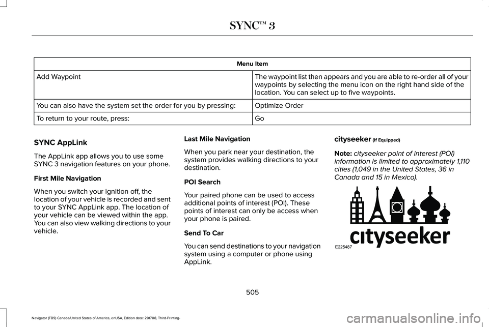 LINCOLN NAVIGATOR 2018 Owners Manual Menu Item
The waypoint list then appears and you are able to re-order all of yourwaypoints by selecting the menu icon on the right hand side of thelocation. You can select up to five waypoints.
Add Wa LINCOLN NAVIGATOR 2018 Owners Manual Menu Item
The waypoint list then appears and you are able to re-order all of yourwaypoints by selecting the menu icon on the right hand side of thelocation. You can select up to five waypoints.
Add Wa