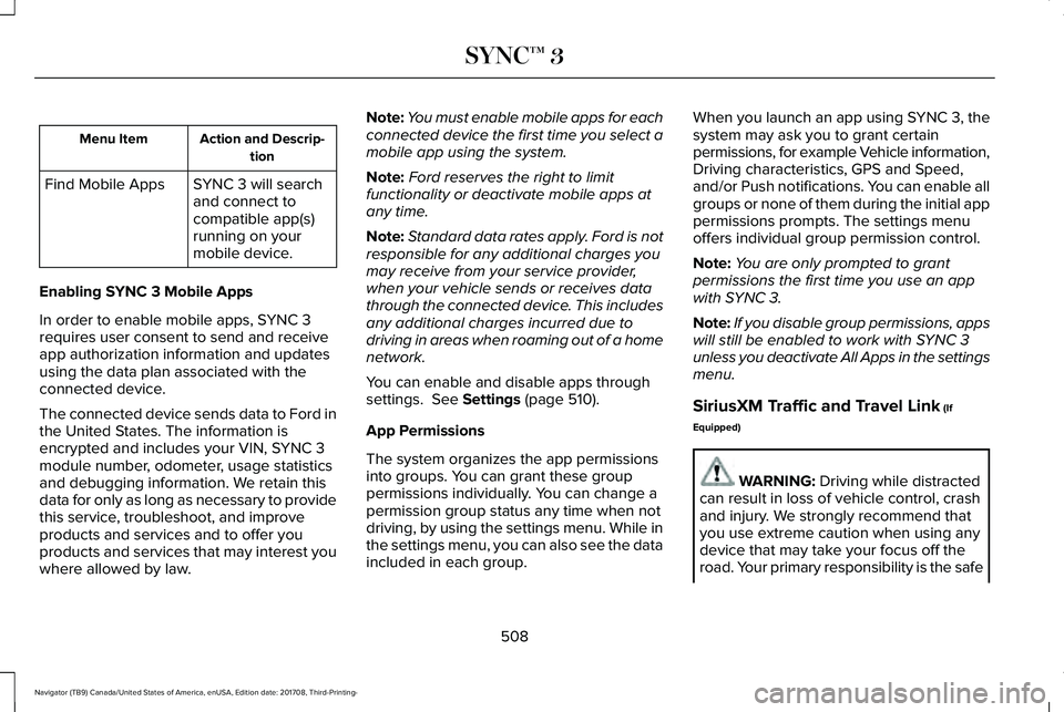 LINCOLN NAVIGATOR 2018 Owners Manual Action and Descrip-tionMenu Item
SYNC 3 will searchand connect tocompatible app(s)running on yourmobile device.
Find Mobile Apps
Enabling SYNC 3 Mobile Apps
In order to enable mobile apps, SYNC 3requi LINCOLN NAVIGATOR 2018 Owners Manual Action and Descrip-tionMenu Item
SYNC 3 will searchand connect tocompatible app(s)running on yourmobile device.
Find Mobile Apps
Enabling SYNC 3 Mobile Apps
In order to enable mobile apps, SYNC 3requi