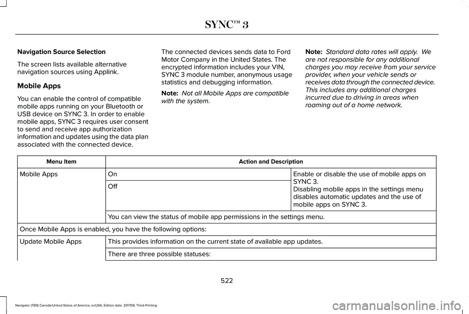 LINCOLN NAVIGATOR 2018 Owners Manual Navigation Source Selection
The screen lists available alternativenavigation sources using Applink.
Mobile Apps
You can enable the control of compatiblemobile apps running on your Bluetooth orUSB devi LINCOLN NAVIGATOR 2018 Owners Manual Navigation Source Selection
The screen lists available alternativenavigation sources using Applink.
Mobile Apps
You can enable the control of compatiblemobile apps running on your Bluetooth orUSB devi