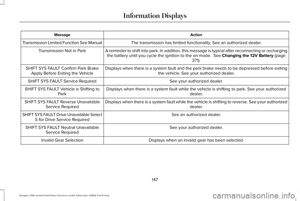 LINCOLN NAVIGATOR 2019 Owners Manual ActionMessage
The transmission has limited functionality. See an authorized dealer.Transmission Limited Function See Manual
A reminder to shift into park. In addition, this message is typical after re LINCOLN NAVIGATOR 2019 Owners Manual ActionMessage
The transmission has limited functionality. See an authorized dealer.Transmission Limited Function See Manual
A reminder to shift into park. In addition, this message is typical after re