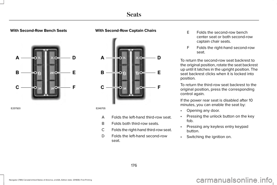 LINCOLN NAVIGATOR 2019 Owners Manual With Second-Row Bench SeatsWith Second-Row Captain Chairs
Folds the left-hand third-row seat.A
Folds both third-row seats.B
Folds the right-hand third-row seat.C
Folds the left-hand second-rowseat.D
F LINCOLN NAVIGATOR 2019 Owners Manual With Second-Row Bench SeatsWith Second-Row Captain Chairs
Folds the left-hand third-row seat.A
Folds both third-row seats.B
Folds the right-hand third-row seat.C
Folds the left-hand second-rowseat.D
F