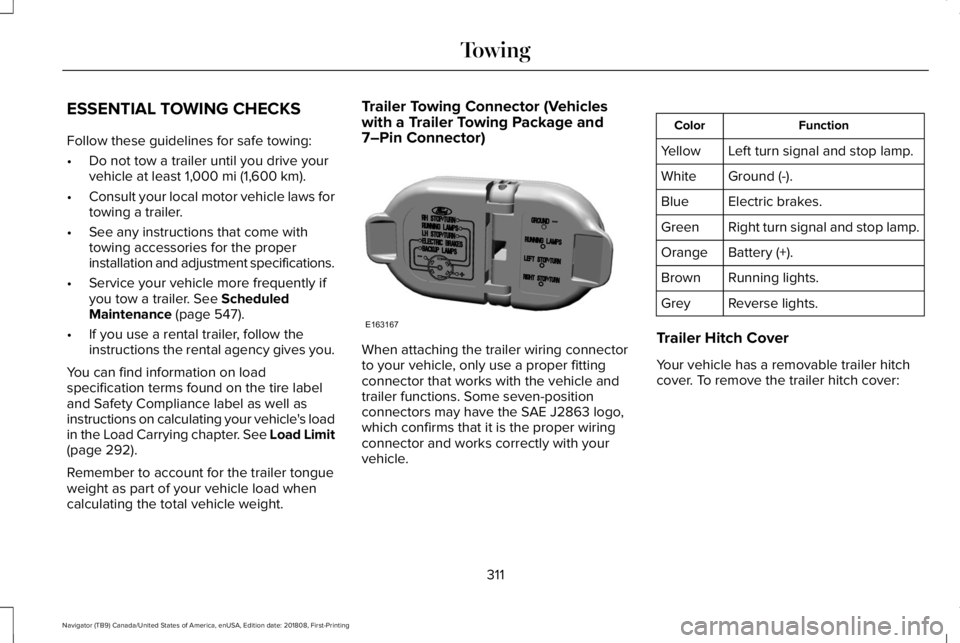 LINCOLN NAVIGATOR 2019 Owners Manual ESSENTIAL TOWING CHECKS
Follow these guidelines for safe towing:
•Do not tow a trailer until you drive yourvehicle at least 1,000 mi (1,600 km).
•Consult your local motor vehicle laws fortowing a LINCOLN NAVIGATOR 2019 Owners Manual ESSENTIAL TOWING CHECKS
Follow these guidelines for safe towing:
•Do not tow a trailer until you drive yourvehicle at least 1,000 mi (1,600 km).
•Consult your local motor vehicle laws fortowing a