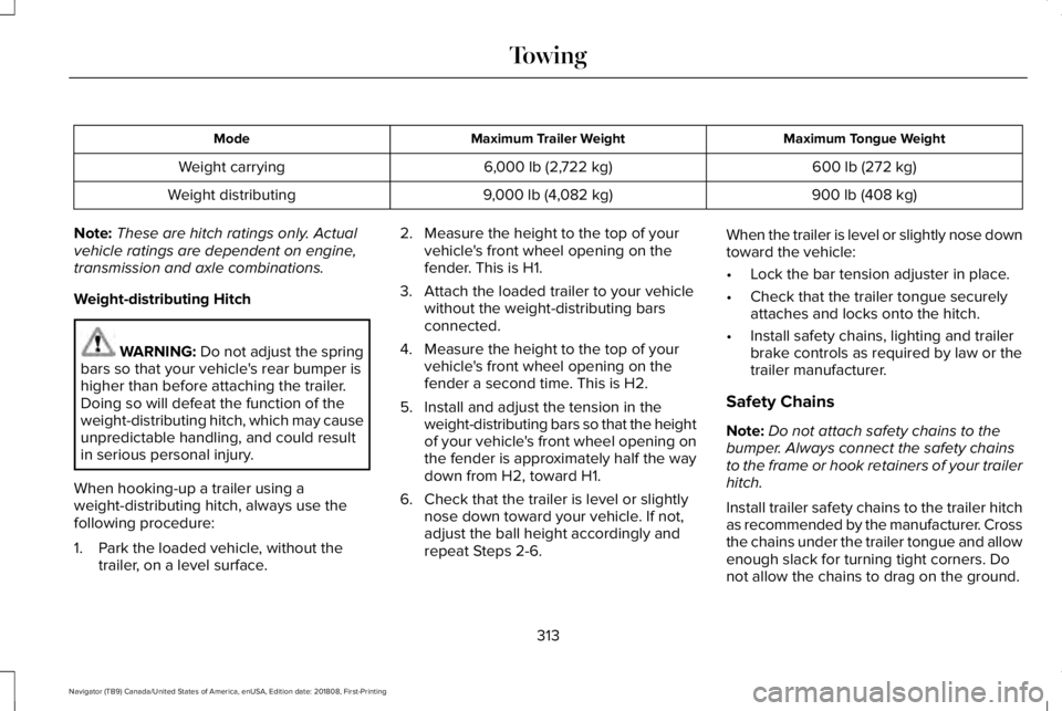 LINCOLN NAVIGATOR 2019 Owners Manual Maximum Tongue WeightMaximum Trailer WeightMode
600 lb (272 kg)6,000 lb (2,722 kg)Weight carrying
900 lb (408 kg)9,000 lb (4,082 kg)Weight distributing
Note:These are hitch ratings only. Actualvehicle LINCOLN NAVIGATOR 2019 Owners Manual Maximum Tongue WeightMaximum Trailer WeightMode
600 lb (272 kg)6,000 lb (2,722 kg)Weight carrying
900 lb (408 kg)9,000 lb (4,082 kg)Weight distributing
Note:These are hitch ratings only. Actualvehicle