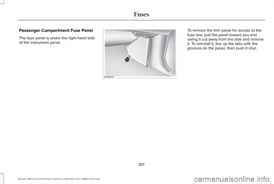 LINCOLN NAVIGATOR 2019  Owners Manual Passenger Compartment Fuse Panel
The fuse panel is under the right-hand sideof the instrument panel.
To remove the trim panel for access to thefuse box, pull the panel toward you andswing it out away 