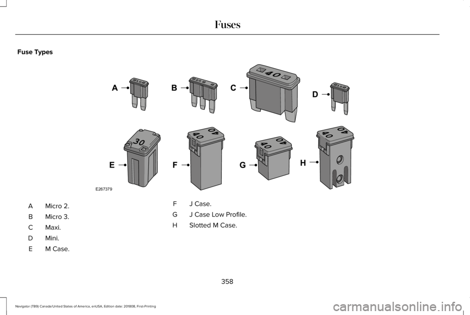 LINCOLN NAVIGATOR 2019 Owners Manual Fuse Types
Micro 2.A
Micro 3.B
Maxi.C
Mini.D
M Case.E
J Case.F
J Case Low Profile.G
Slotted M Case.H
358
Navigator (TB9) Canada/United States of America, enUSA, Edition date: 201808, First-Printing
Fu LINCOLN NAVIGATOR 2019 Owners Manual Fuse Types
Micro 2.A
Micro 3.B
Maxi.C
Mini.D
M Case.E
J Case.F
J Case Low Profile.G
Slotted M Case.H
358
Navigator (TB9) Canada/United States of America, enUSA, Edition date: 201808, First-Printing
Fu