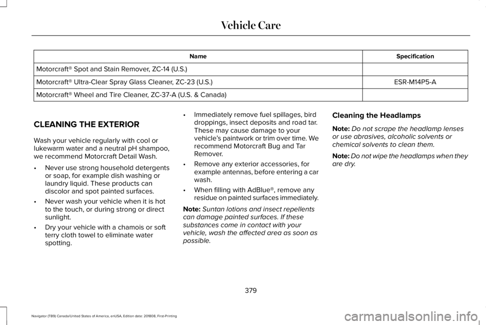 LINCOLN NAVIGATOR 2019  Owners Manual SpecificationName
Motorcraft® Spot and Stain Remover, ZC-14 (U.S.)
ESR-M14P5-AMotorcraft® Ultra-Clear Spray Glass Cleaner, ZC-23 (U.S.)
Motorcraft® Wheel and Tire Cleaner, ZC-37-A (U.S. & Canada)
C