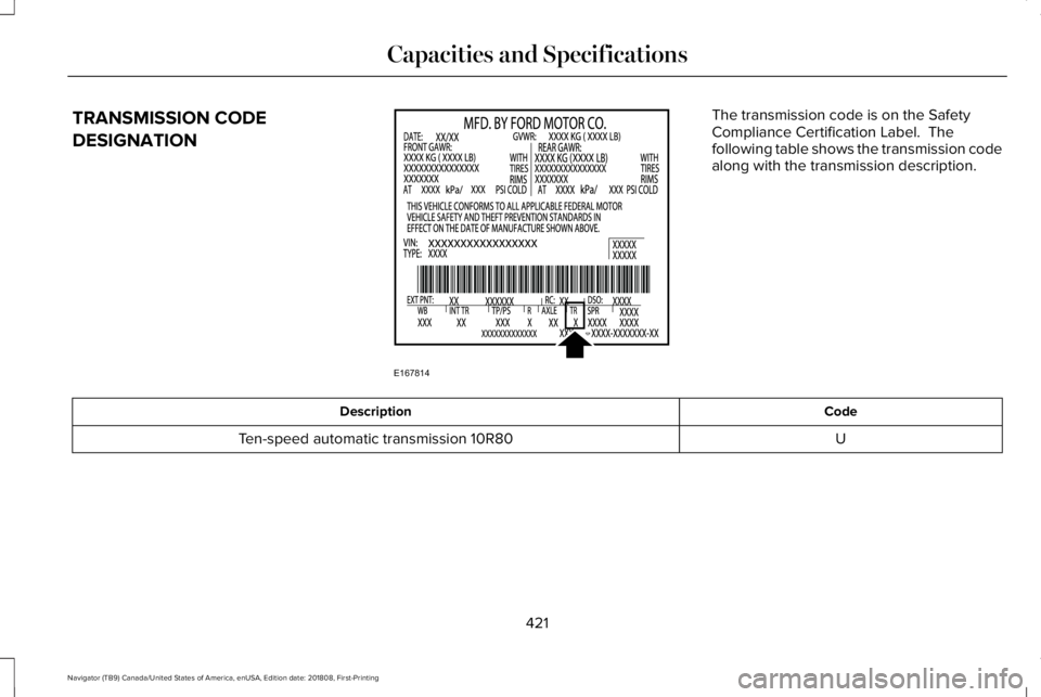 LINCOLN NAVIGATOR 2019 Owners Manual TRANSMISSION CODE
DESIGNATION
The transmission code is on the SafetyCompliance Certification Label. Thefollowing table shows the transmission codealong with the transmission description.
CodeDescript LINCOLN NAVIGATOR 2019 Owners Manual TRANSMISSION CODE
DESIGNATION
The transmission code is on the SafetyCompliance Certification Label. Thefollowing table shows the transmission codealong with the transmission description.
CodeDescript