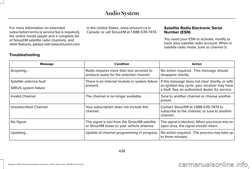 LINCOLN NAVIGATOR 2019 Owners Manual For more information on extendedsubscription terms (a service fee is required),the online media player and a complete listof SiriusXM satellite radio channels, andother features, please visit www.siri LINCOLN NAVIGATOR 2019 Owners Manual For more information on extendedsubscription terms (a service fee is required),the online media player and a complete listof SiriusXM satellite radio channels, andother features, please visit www.siri