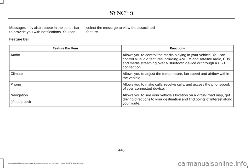 LINCOLN NAVIGATOR 2019 Owners Manual Messages may also appear in the status barto provide you with notifications. You canselect the message to view the associatedfeature.
Feature Bar
FunctionsFeature Bar Item
Allows you to control the me LINCOLN NAVIGATOR 2019 Owners Manual Messages may also appear in the status barto provide you with notifications. You canselect the message to view the associatedfeature.
Feature Bar
FunctionsFeature Bar Item
Allows you to control the me