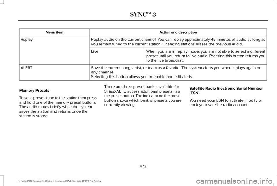 LINCOLN NAVIGATOR 2019 Owners Manual Action and descriptionMenu item
Replay audio on the current channel. You can replay approximately 45 minutes of audio as long asyou remain tuned to the current station. Changing stations erases the pr LINCOLN NAVIGATOR 2019 Owners Manual Action and descriptionMenu item
Replay audio on the current channel. You can replay approximately 45 minutes of audio as long asyou remain tuned to the current station. Changing stations erases the pr