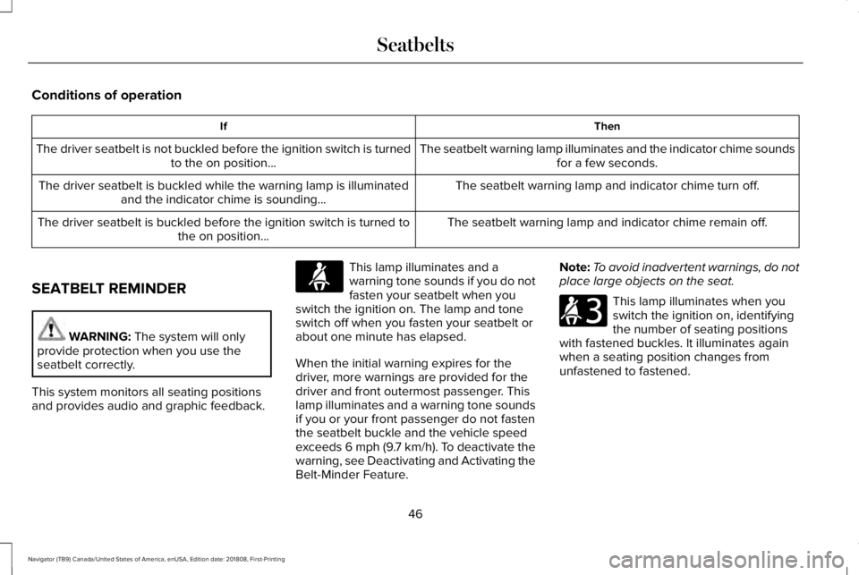 LINCOLN NAVIGATOR 2019 Service Manual Conditions of operation
ThenIf
The seatbelt warning lamp illuminates and the indicator chime soundsfor a few seconds.The driver seatbelt is not buckled before the ignition switch is turnedto the on po LINCOLN NAVIGATOR 2019 Service Manual Conditions of operation
ThenIf
The seatbelt warning lamp illuminates and the indicator chime soundsfor a few seconds.The driver seatbelt is not buckled before the ignition switch is turnedto the on po