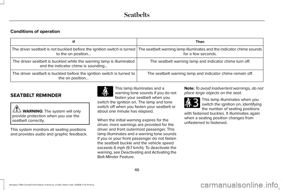 LINCOLN NAVIGATOR 2019  Owners Manual Conditions of operation
ThenIf
The seatbelt warning lamp illuminates and the indicator chime soundsfor a few seconds.The driver seatbelt is not buckled before the ignition switch is turnedto the on po