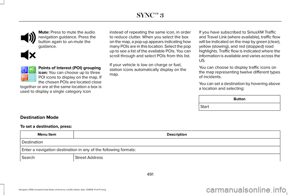 LINCOLN NAVIGATOR 2019 Owners Manual Mute: Press to mute the audionavigation guidance. Press thebutton again to un-mute theguidance.
Points of Interest (POI) groupingicon: You can choose up to threePOI icons to display on the map. Ifthe LINCOLN NAVIGATOR 2019 Owners Manual Mute: Press to mute the audionavigation guidance. Press thebutton again to un-mute theguidance.
Points of Interest (POI) groupingicon: You can choose up to threePOI icons to display on the map. Ifthe