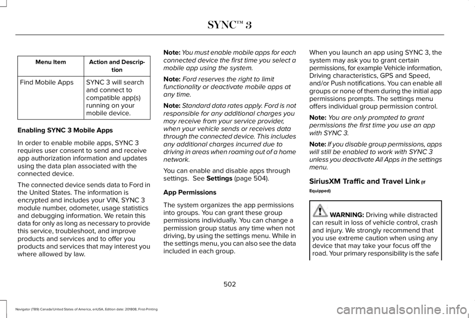 LINCOLN NAVIGATOR 2019 Owners Manual Action and Descrip-tionMenu Item
SYNC 3 will searchand connect tocompatible app(s)running on yourmobile device.
Find Mobile Apps
Enabling SYNC 3 Mobile Apps
In order to enable mobile apps, SYNC 3requi LINCOLN NAVIGATOR 2019 Owners Manual Action and Descrip-tionMenu Item
SYNC 3 will searchand connect tocompatible app(s)running on yourmobile device.
Find Mobile Apps
Enabling SYNC 3 Mobile Apps
In order to enable mobile apps, SYNC 3requi