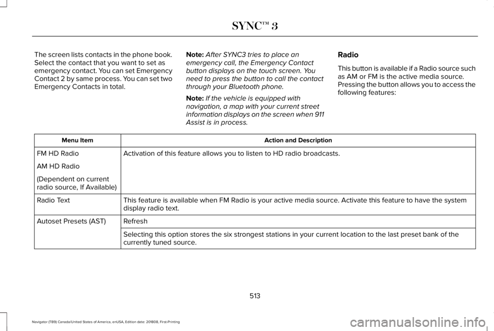 LINCOLN NAVIGATOR 2019 Owners Manual The screen lists contacts in the phone book.Select the contact that you want to set asemergency contact. You can set EmergencyContact 2 by same process. You can set twoEmergency Contacts in total.
Not LINCOLN NAVIGATOR 2019 Owners Manual The screen lists contacts in the phone book.Select the contact that you want to set asemergency contact. You can set EmergencyContact 2 by same process. You can set twoEmergency Contacts in total.
Not