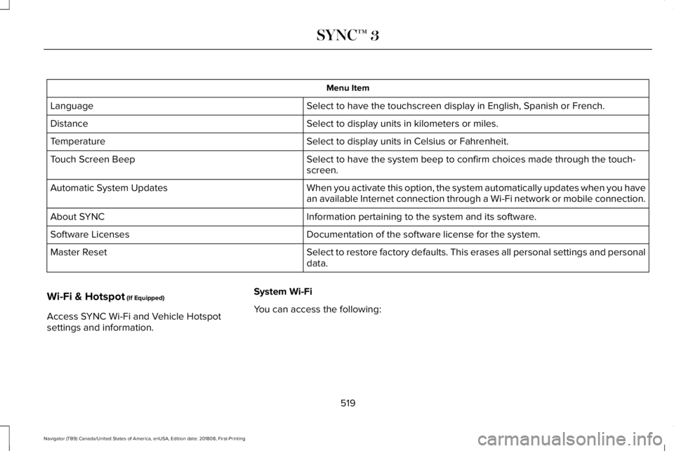 LINCOLN NAVIGATOR 2019 Owners Manual Menu Item
Select to have the touchscreen display in English, Spanish or French.Language
Select to display units in kilometers or miles.Distance
Select to display units in Celsius or Fahrenheit.Tempera LINCOLN NAVIGATOR 2019 Owners Manual Menu Item
Select to have the touchscreen display in English, Spanish or French.Language
Select to display units in kilometers or miles.Distance
Select to display units in Celsius or Fahrenheit.Tempera