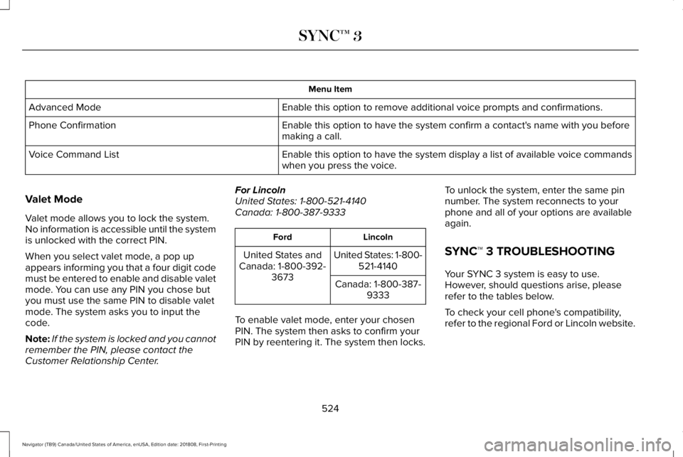 LINCOLN NAVIGATOR 2019 Owners Manual Menu Item
Enable this option to remove additional voice prompts and confirmations.Advanced Mode
Enable this option to have the system confirm a contact's name with you beforemaking a call.Phone Co LINCOLN NAVIGATOR 2019 Owners Manual Menu Item
Enable this option to remove additional voice prompts and confirmations.Advanced Mode
Enable this option to have the system confirm a contact's name with you beforemaking a call.Phone Co