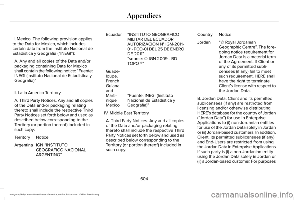 LINCOLN NAVIGATOR 2019 Owners Manual II. Mexico. The following provision appliesto the Data for Mexico, which includescertain data from the Instituto Nacional deEstadística y Geografía (“INEGI”):
A. Any and all copies of the Data a LINCOLN NAVIGATOR 2019 Owners Manual II. Mexico. The following provision appliesto the Data for Mexico, which includescertain data from the Instituto Nacional deEstadística y Geografía (“INEGI”):
A. Any and all copies of the Data a