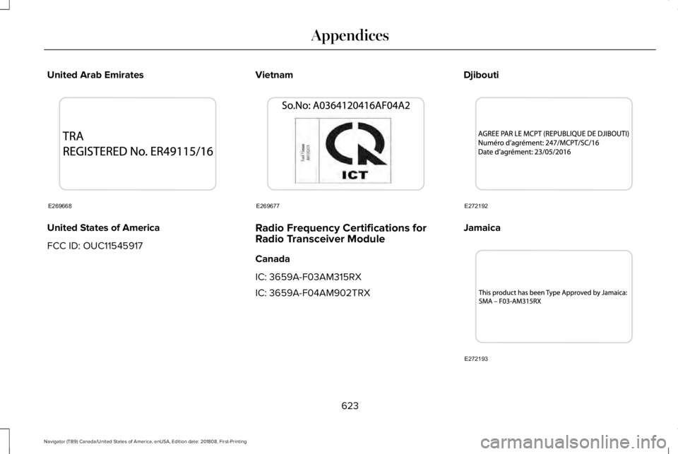 LINCOLN NAVIGATOR 2019  Owners Manual United Arab Emirates
United States of America
FCC ID: OUC11545917
Vietnam
Radio Frequency Certifications forRadio Transceiver Module
Canada
IC: 3659A-F03AM315RX
IC: 3659A-F04AM902TRX
Djibouti
Jamaica
