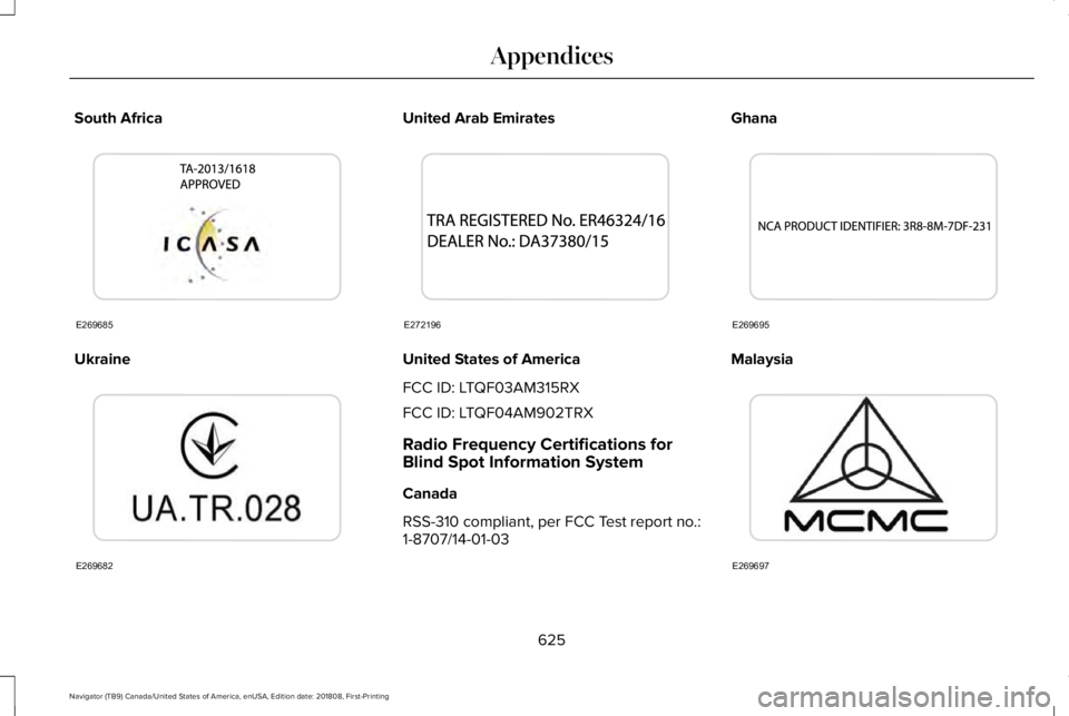 LINCOLN NAVIGATOR 2019  Owners Manual South Africa
Ukraine
United Arab Emirates
United States of America
FCC ID: LTQF03AM315RX
FCC ID: LTQF04AM902TRX
Radio Frequency Certifications forBlind Spot Information System
Canada
RSS-310 compliant