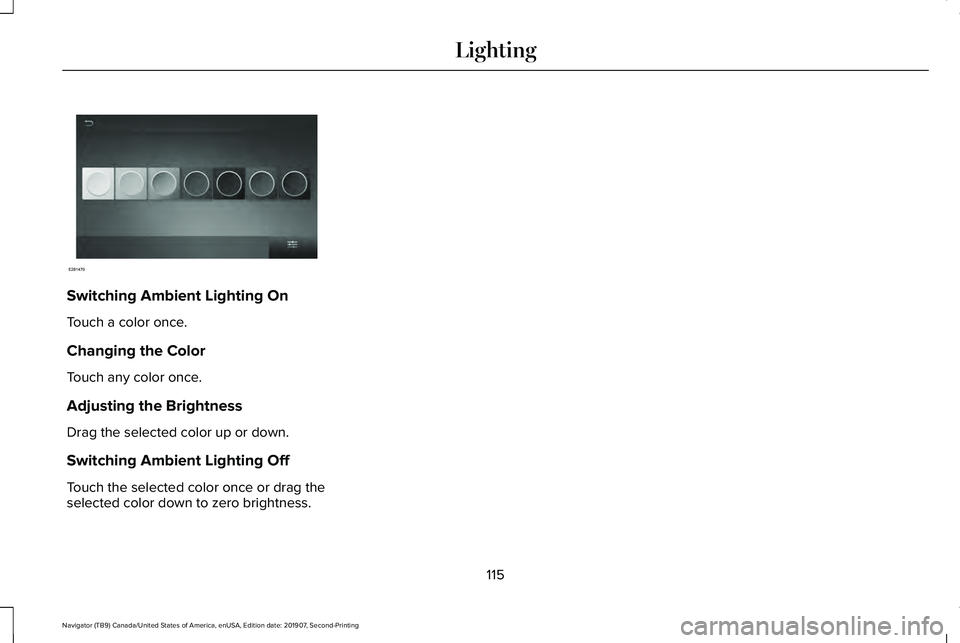 LINCOLN NAVIGATOR 2020  Owners Manual Switching Ambient Lighting On
Touch a color once.
Changing the Color
Touch any color once.
Adjusting the Brightness
Drag the selected color up or down.
Switching Ambient Lighting Off
Touch the selecte