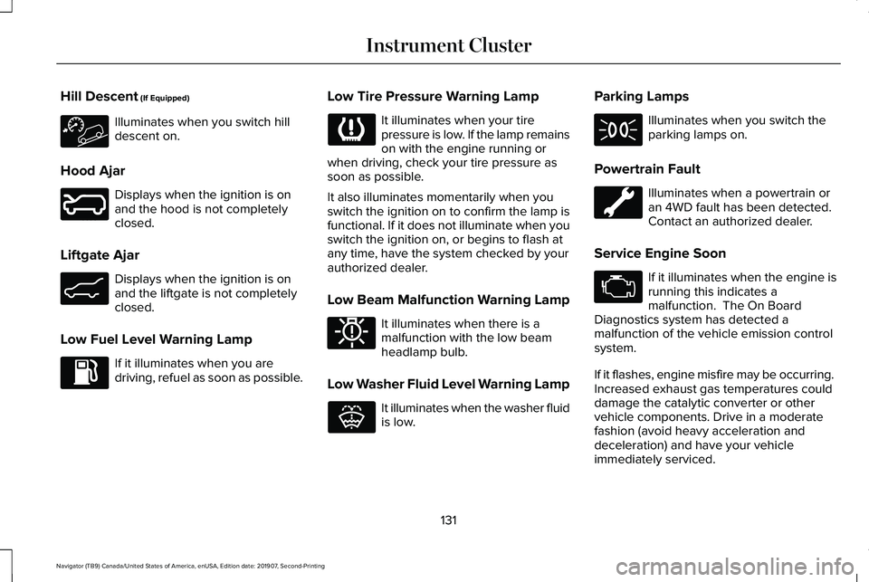 LINCOLN NAVIGATOR 2020  Owners Manual Hill Descent (If Equipped)
Illuminates when you switch hill
descent on.
Hood Ajar Displays when the ignition is on
and the hood is not completely
closed.
Liftgate Ajar Displays when the ignition is on