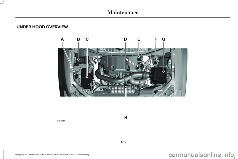 LINCOLN NAVIGATOR 2020  Owners Manual UNDER HOOD OVERVIEW
375
Navigator (TB9) Canada/United States of America, enUSA, Edition date: 201907, Second-Printing MaintenanceE258054  
