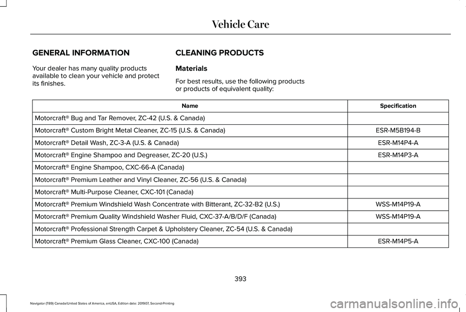 LINCOLN NAVIGATOR 2020 Owners Manual GENERAL INFORMATION
Your dealer has many quality products
available to clean your vehicle and protect
its finishes.
CLEANING PRODUCTS
Materials
For best results, use the following products
or products LINCOLN NAVIGATOR 2020 Owners Manual GENERAL INFORMATION
Your dealer has many quality products
available to clean your vehicle and protect
its finishes.
CLEANING PRODUCTS
Materials
For best results, use the following products
or products