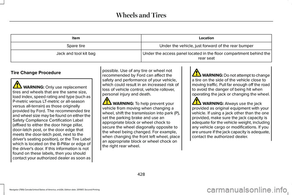 LINCOLN NAVIGATOR 2020 Owners Manual Location
Item
Under the vehicle, just forward of the rear bumper
Spare tire
Under the access panel located in the floor compartment behind therear seat
Jack and tool kit bag
Tire Change Procedure WARN LINCOLN NAVIGATOR 2020 Owners Manual Location
Item
Under the vehicle, just forward of the rear bumper
Spare tire
Under the access panel located in the floor compartment behind therear seat
Jack and tool kit bag
Tire Change Procedure WARN