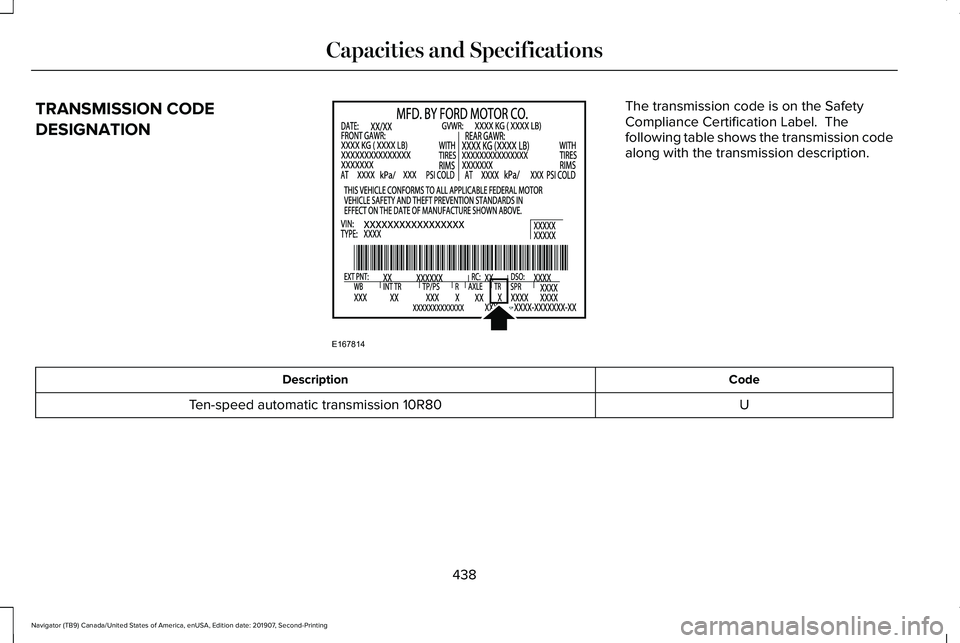 LINCOLN NAVIGATOR 2020  Owners Manual TRANSMISSION CODE
DESIGNATION The transmission code is on the Safety
Compliance Certification Label.  The
following table shows the transmission code
along with the transmission description.
Code
Desc