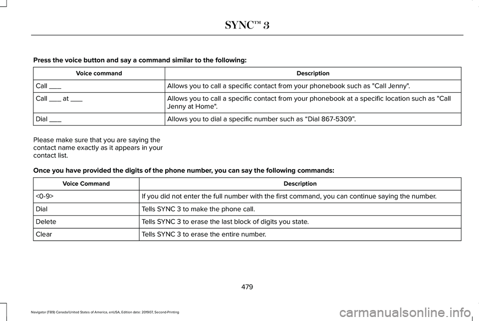 LINCOLN NAVIGATOR 2020  Owners Manual Press the voice button and say a command similar to the following:
Description
Voice command
Allows you to call a specific contact from your phonebook such as "Call Jenny".
Call ___
Allows you
