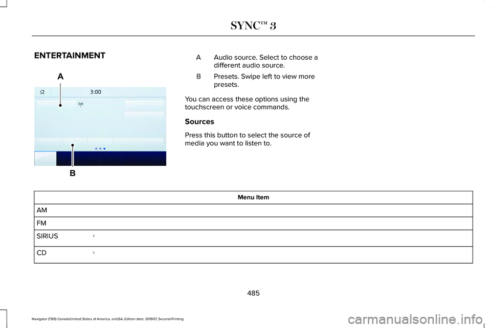 LINCOLN NAVIGATOR 2020  Owners Manual ENTERTAINMENT
Audio source. Select to choose a
different audio source.
A
Presets. Swipe left to view more
presets.
B
You can access these options using the
touchscreen or voice commands.
Sources
Press