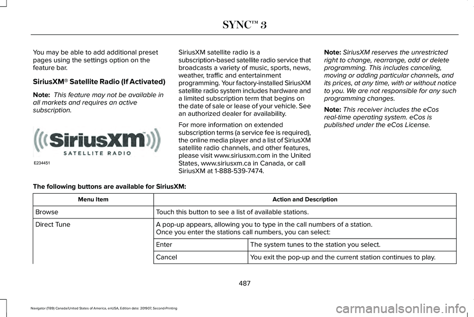 LINCOLN NAVIGATOR 2020 Owners Manual You may be able to add additional preset
pages using the settings option on the
feature bar.
SiriusXM® Satellite Radio (If Activated)
Note:
This feature may not be available in
all markets and requi LINCOLN NAVIGATOR 2020 Owners Manual You may be able to add additional preset
pages using the settings option on the
feature bar.
SiriusXM® Satellite Radio (If Activated)
Note:
This feature may not be available in
all markets and requi