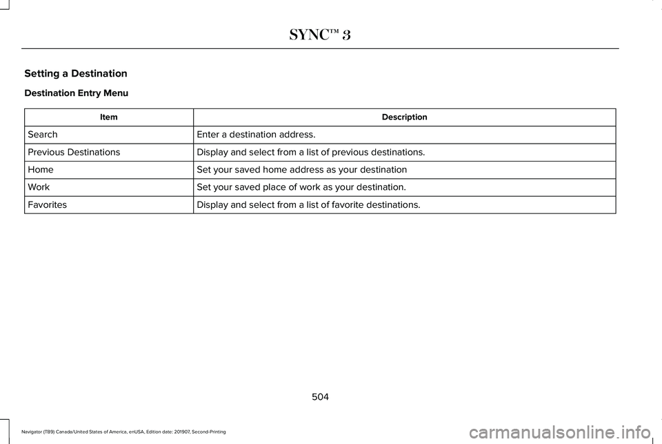 LINCOLN NAVIGATOR 2020 Owners Manual Setting a Destination
Destination Entry Menu
Description
Item
Enter a destination address.
Search
Display and select from a list of previous destinations.
Previous Destinations
Set your saved home add LINCOLN NAVIGATOR 2020 Owners Manual Setting a Destination
Destination Entry Menu
Description
Item
Enter a destination address.
Search
Display and select from a list of previous destinations.
Previous Destinations
Set your saved home add
