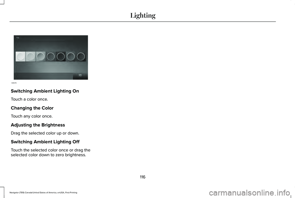 LINCOLN NAVIGATOR 2021  Owners Manual Switching Ambient Lighting On
Touch a color once.
Changing the Color
Touch any color once.
Adjusting the Brightness
Drag the selected color up or down.
Switching Ambient Lighting Off
Touch the selecte