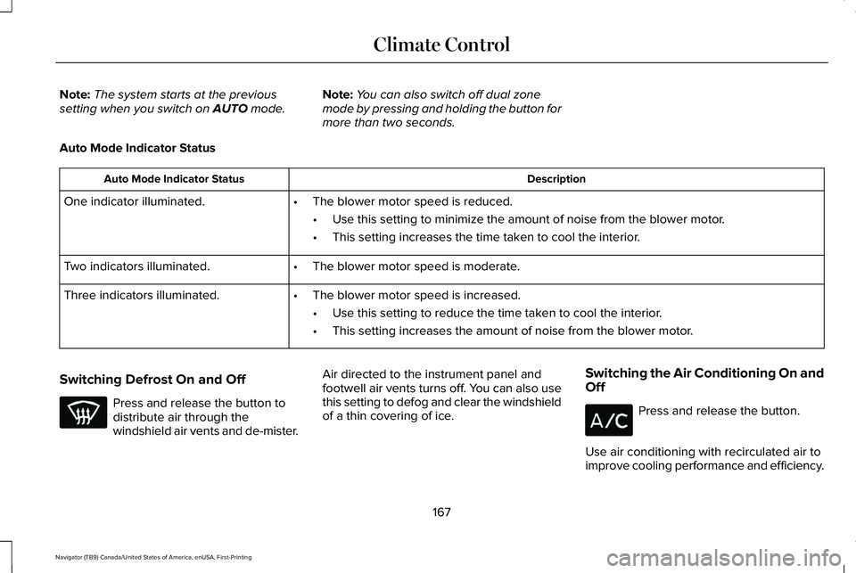LINCOLN NAVIGATOR 2021 Owners Manual Note:
The system starts at the previous
setting when you switch on AUTO mode. Note:
You can also switch off dual zone
mode by pressing and holding the button for
more than two seconds.
Auto Mode Indic LINCOLN NAVIGATOR 2021 Owners Manual Note:
The system starts at the previous
setting when you switch on AUTO mode. Note:
You can also switch off dual zone
mode by pressing and holding the button for
more than two seconds.
Auto Mode Indic