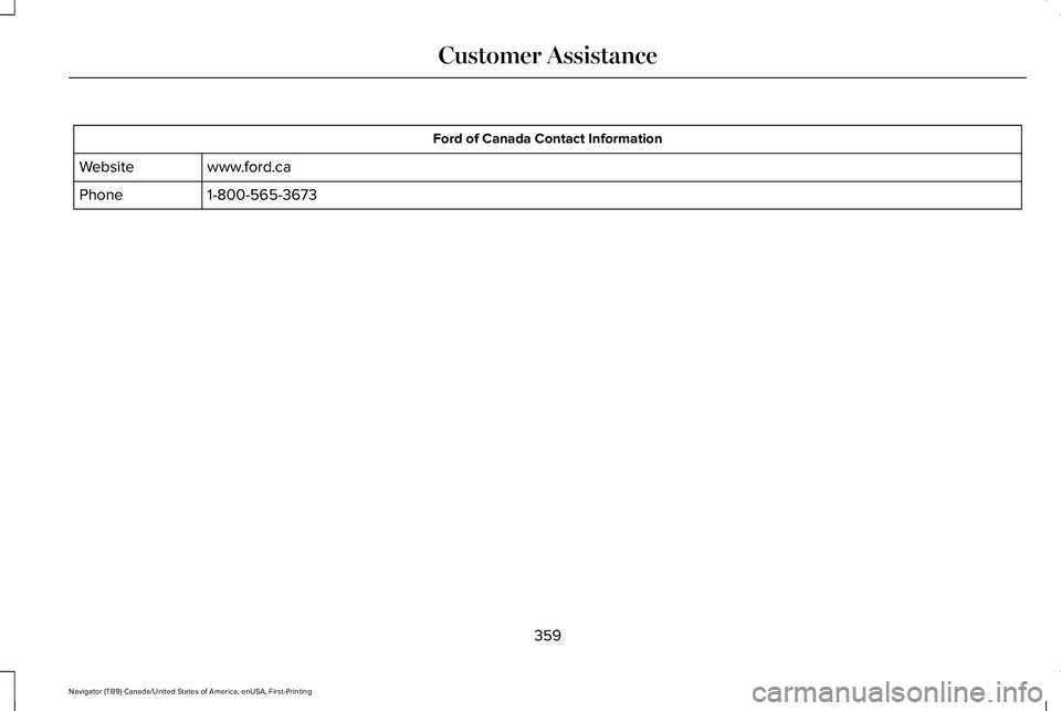 LINCOLN NAVIGATOR 2021  Owners Manual Ford of Canada Contact Information
www.ford.ca
Website
1-800-565-3673
Phone
359
Navigator (TB9) Canada/United States of America, enUSA, First-Printing Customer Assistance 