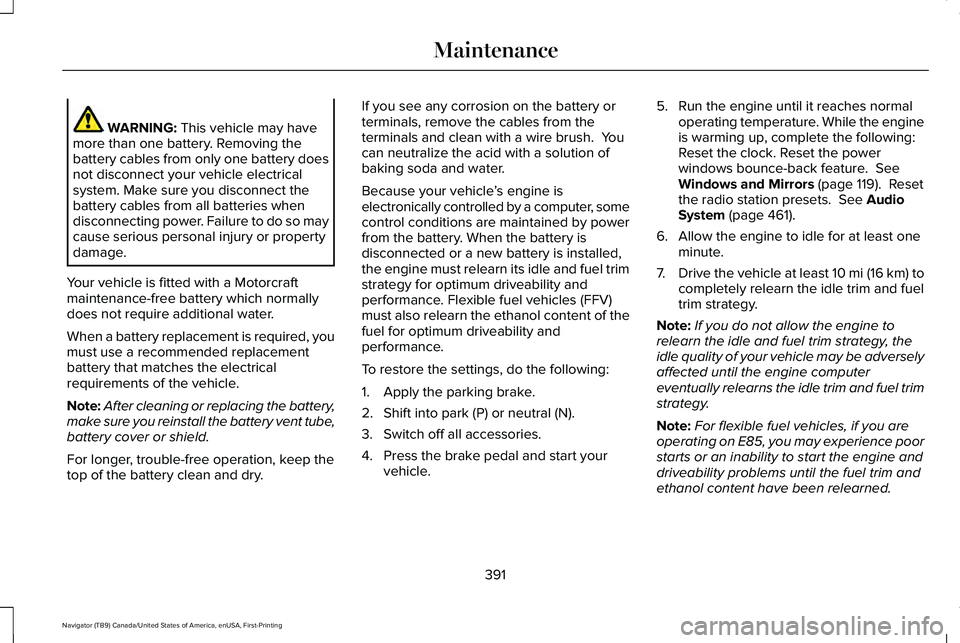 LINCOLN NAVIGATOR 2021 Owners Manual WARNING: This vehicle may have
more than one battery. Removing the
battery cables from only one battery does
not disconnect your vehicle electrical
system. Make sure you disconnect the
battery cables LINCOLN NAVIGATOR 2021 Owners Manual WARNING: This vehicle may have
more than one battery. Removing the
battery cables from only one battery does
not disconnect your vehicle electrical
system. Make sure you disconnect the
battery cables