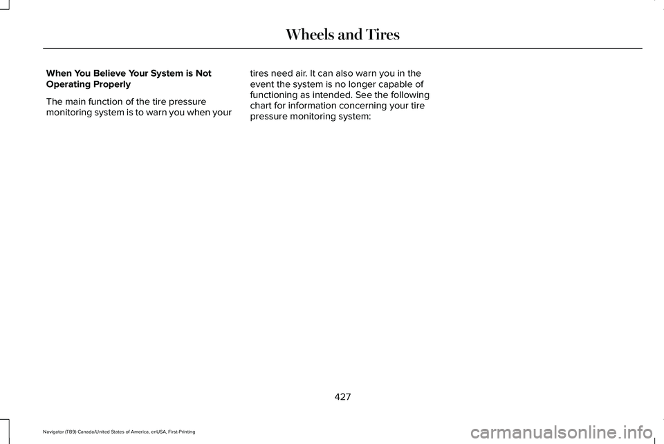 LINCOLN NAVIGATOR 2021 Owners Manual When You Believe Your System is Not
Operating Properly
The main function of the tire pressure
monitoring system is to warn you when your
tires need air. It can also warn you in the
event the system is LINCOLN NAVIGATOR 2021 Owners Manual When You Believe Your System is Not
Operating Properly
The main function of the tire pressure
monitoring system is to warn you when your
tires need air. It can also warn you in the
event the system is
