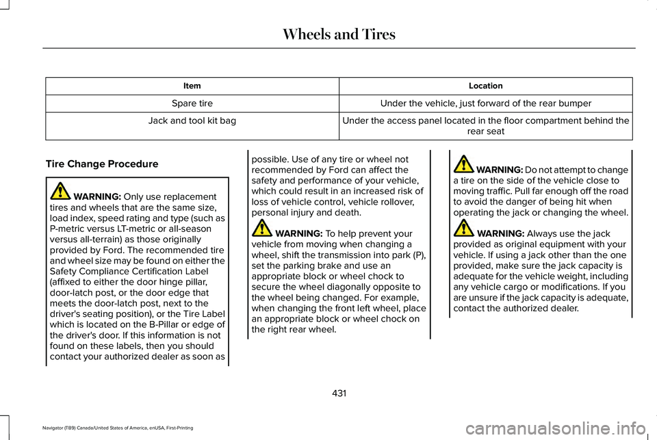 LINCOLN NAVIGATOR 2021 Owners Manual Location
Item
Under the vehicle, just forward of the rear bumper
Spare tire
Under the access panel located in the floor compartment behind therear seat
Jack and tool kit bag
Tire Change Procedure WARN LINCOLN NAVIGATOR 2021 Owners Manual Location
Item
Under the vehicle, just forward of the rear bumper
Spare tire
Under the access panel located in the floor compartment behind therear seat
Jack and tool kit bag
Tire Change Procedure WARN
