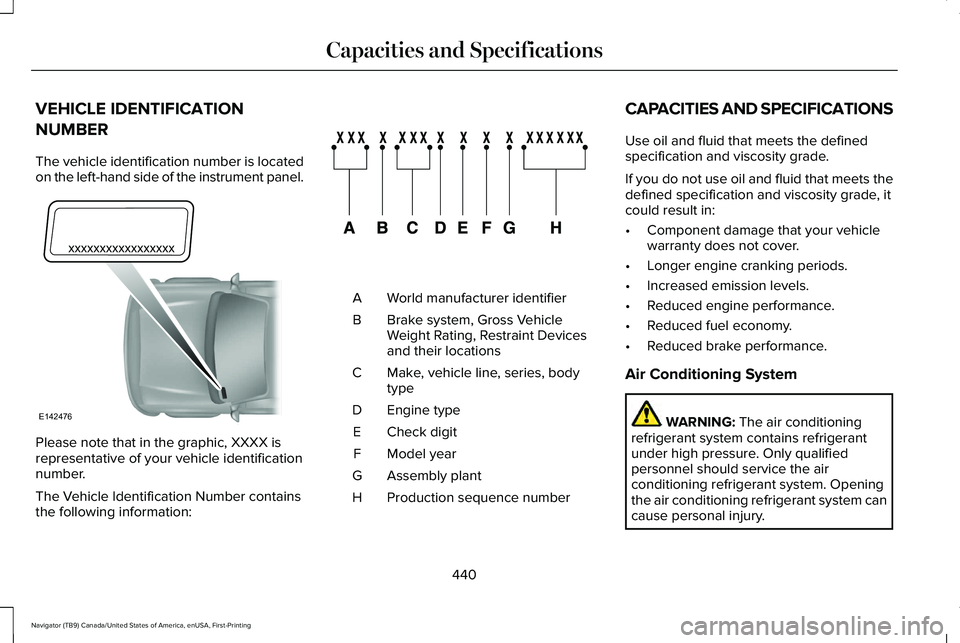 LINCOLN NAVIGATOR 2021 Service Manual VEHICLE IDENTIFICATION
NUMBER
The vehicle identification number is located
on the left-hand side of the instrument panel.
Please note that in the graphic, XXXX is
representative of your vehicle identi LINCOLN NAVIGATOR 2021 Service Manual VEHICLE IDENTIFICATION
NUMBER
The vehicle identification number is located
on the left-hand side of the instrument panel.
Please note that in the graphic, XXXX is
representative of your vehicle identi