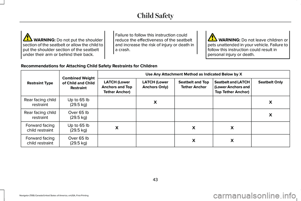 LINCOLN NAVIGATOR 2021 Service Manual WARNING: Do not put the shoulder
section of the seatbelt or allow the child to
put the shoulder section of the seatbelt
under their arm or behind their back. Failure to follow this instruction could
r LINCOLN NAVIGATOR 2021 Service Manual WARNING: Do not put the shoulder
section of the seatbelt or allow the child to
put the shoulder section of the seatbelt
under their arm or behind their back. Failure to follow this instruction could
r