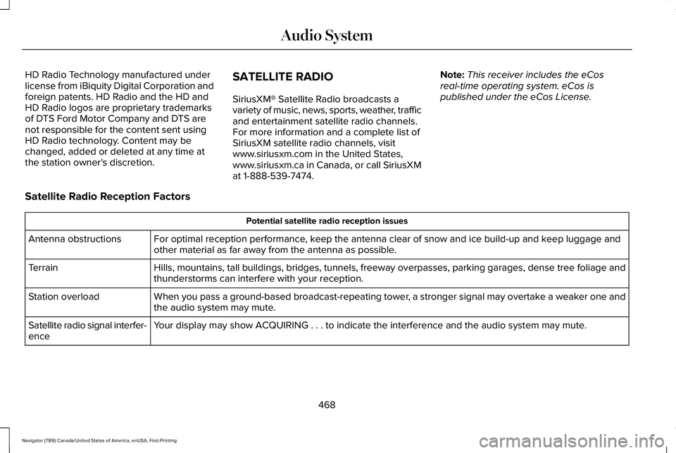 LINCOLN NAVIGATOR 2021 User Guide HD Radio Technology manufactured under
license from iBiquity Digital Corporation and
foreign patents. HD Radio and the HD and
HD Radio logos are proprietary trademarks
of DTS Ford Motor Company and DT LINCOLN NAVIGATOR 2021 User Guide HD Radio Technology manufactured under
license from iBiquity Digital Corporation and
foreign patents. HD Radio and the HD and
HD Radio logos are proprietary trademarks
of DTS Ford Motor Company and DT