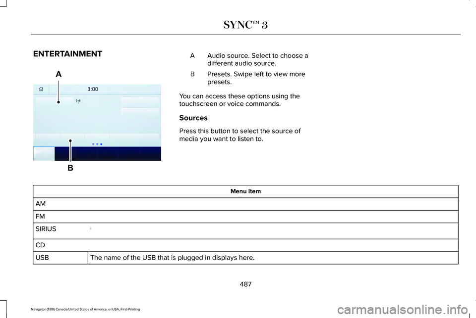 LINCOLN NAVIGATOR 2021 Owners Manual ENTERTAINMENT
Audio source. Select to choose a
different audio source.
A
Presets. Swipe left to view more
presets.
B
You can access these options using the
touchscreen or voice commands.
Sources
Press LINCOLN NAVIGATOR 2021 Owners Manual ENTERTAINMENT
Audio source. Select to choose a
different audio source.
A
Presets. Swipe left to view more
presets.
B
You can access these options using the
touchscreen or voice commands.
Sources
Press