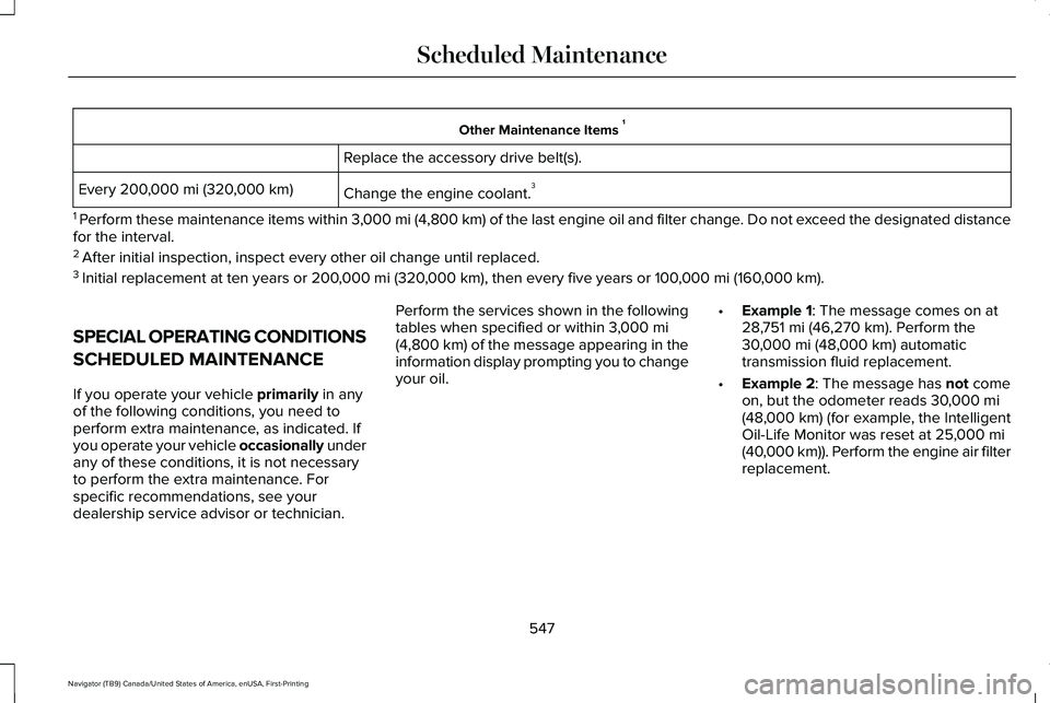 LINCOLN NAVIGATOR 2021  Owners Manual Other Maintenance Items 
1
Replace the accessory drive belt(s).
Change the engine coolant. 3
Every 200,000 mi (320,000 km)
1  Perform these maintenance items within 3,000 mi (4,800 km) of the last eng