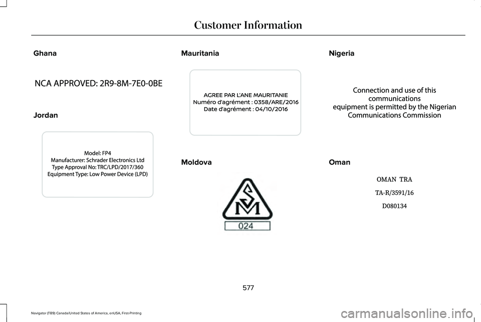 LINCOLN NAVIGATOR 2021  Owners Manual Ghana
Jordan Mauritania
Moldova Nigeria
Oman
577
Navigator (TB9) Canada/United States of America, enUSA, First-Printing Customer InformationE338016  E338017  E337970  E337971  E337972  E337973   