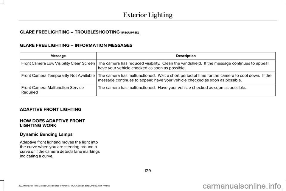 LINCOLN NAVIGATOR 2022 Owners Manual GLARE FREE LIGHTING – TROUBLESHOOTING (IF EQUIPPED)
GLARE FREE LIGHTING – INFORMATION MESSAGES Description
Message
The camera has reduced visibility.  Clean the windshield.  If the message continu