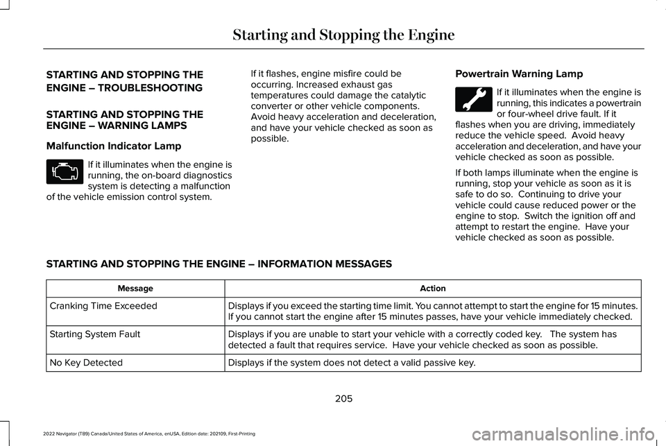 LINCOLN NAVIGATOR 2022 User Guide STARTING AND STOPPING THE
ENGINE – TROUBLESHOOTING
STARTING AND STOPPING THE
ENGINE – WARNING LAMPS
Malfunction Indicator Lamp
If it illuminates when the engine is
running, the on-board diagnostic LINCOLN NAVIGATOR 2022 User Guide STARTING AND STOPPING THE
ENGINE – TROUBLESHOOTING
STARTING AND STOPPING THE
ENGINE – WARNING LAMPS
Malfunction Indicator Lamp
If it illuminates when the engine is
running, the on-board diagnostic